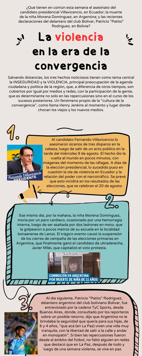AbdelPadilla's tweet photo. ¿Qué tienen en común esta semana el asesinato del candidato presidencial Villavicencio, en Ecuador; la muerte de la niña Morena Domínguez, en Argentina; y las recientes declaraciones del delantero del club Bolívar, Patricio “Patito” Rodríguez, en Bolivia? Ver infografía: https://t.co/PwcBdPWJkX