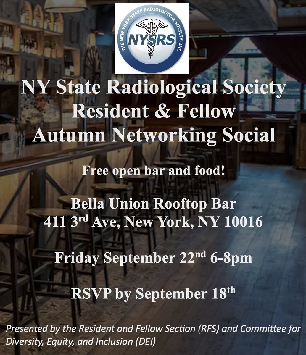 NYSRS RFS (@nysrs_rfs) on Twitter photo NY State Radiology Residents & Fellows! Come meet trainees from other programs at a rooftop bar in the city on Friday Sept. 22nd 6-8 pm for our Autumn Networking Social. DM <a href="/DrRMashayekhi/">Rouzbeh Mashayekhi, MD MPH</a> for the RSVP link. #radres #RFS NY State Radiology Residents & Fellows! Come meet trainees from other programs at a rooftop bar in the city on Friday Sept. 22nd 6-8 pm for our Autumn Networking Social. DM <a href="/DrRMashayekhi/">Rouzbeh Mashayekhi, MD MPH</a> for the RSVP link. #radres #RFS