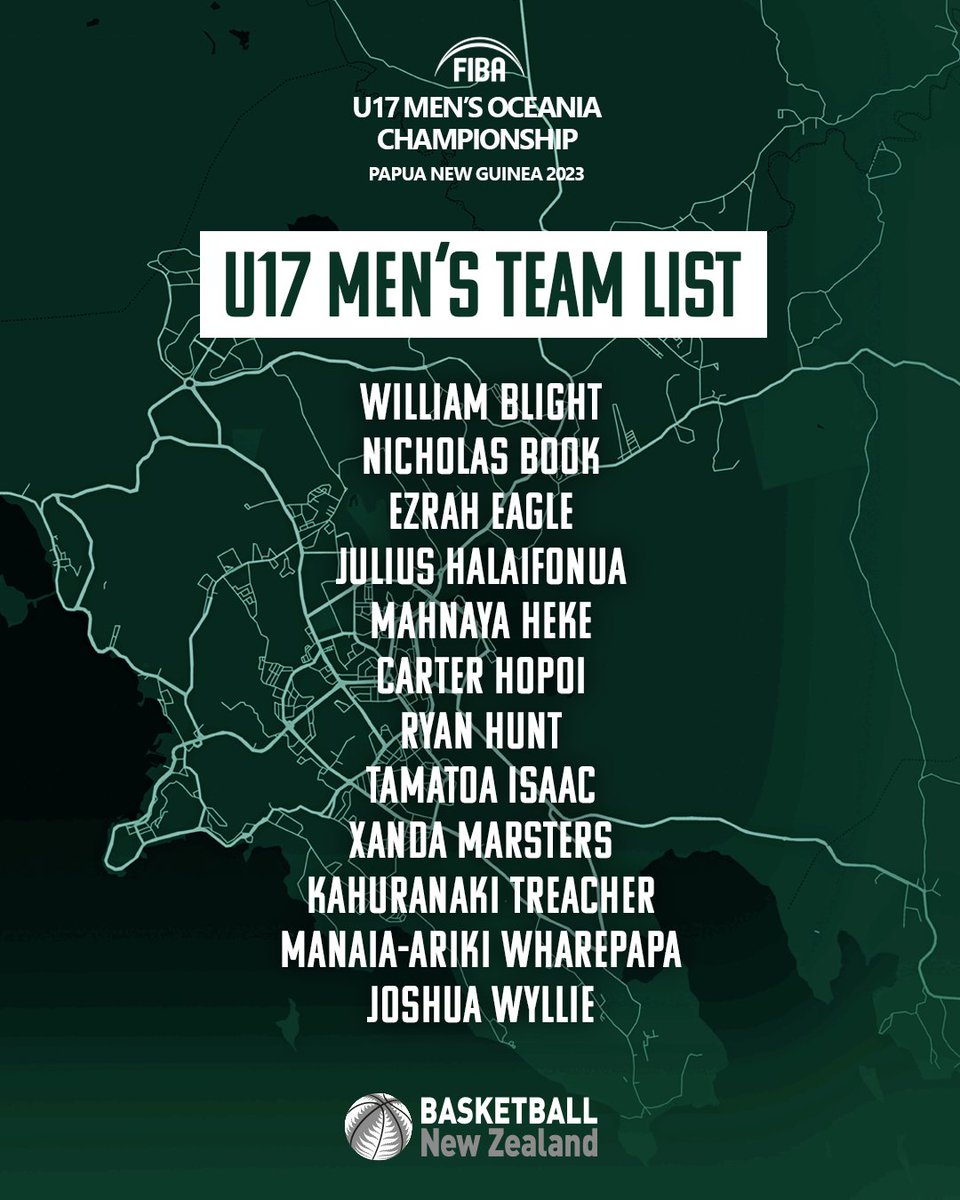 BasketballNZ's tweet photo. 📢Our Junior Tall Blacks for the FIBA U17 Oceania Champs in Oct!

👉William Blight, Nic Book, Ezrah Eagle, Julius Halaifonua, Mahnaya Heke, Carter Hopoi, Ryan Hunt, Tama Isaac, Xanda Marsters, Kahu Treacher, Manaia-Ariki Wharepapa &amp; Josh Wyllie

🔗More at: https://t.co/jtPOQojTGD https://t.co/rK34q7p2oN