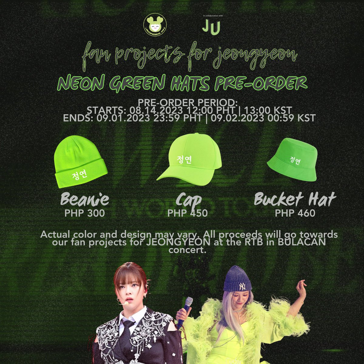 JeongiesPH's tweet photo. [FAN PROJECT]

NEON GREEN HATS are now available for pre-order! Please click the link below if you wish to avail:

https://t.co/qRMuIjPLJn https://t.co/m5UAzJRqqn