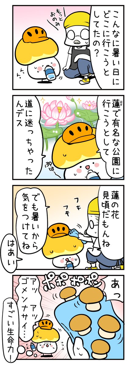 「蓮を見に行こう」(1/2) 蓮が美しい季節なので、キノコヘルメットちゃんと店長の蓮サイクリング4コマを再掲🍄🚲✨  #キノコヘルメットちゃん