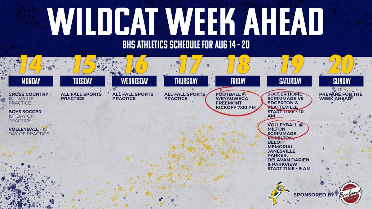 BvilleCatsATHs's tweet photo. Find us every Sunday for our  "Wildcat Week Ahead!"  All Fall sports will be underway starting tomorrow with the 1st day of practice for Wildcat Cross Country, Wildcat Volleyball, and Sugar River Raiders Boys Soccer #ClawsOut and #WeighAnchor Wildcats and Raiders! https://t.co/Zh1qext0CL