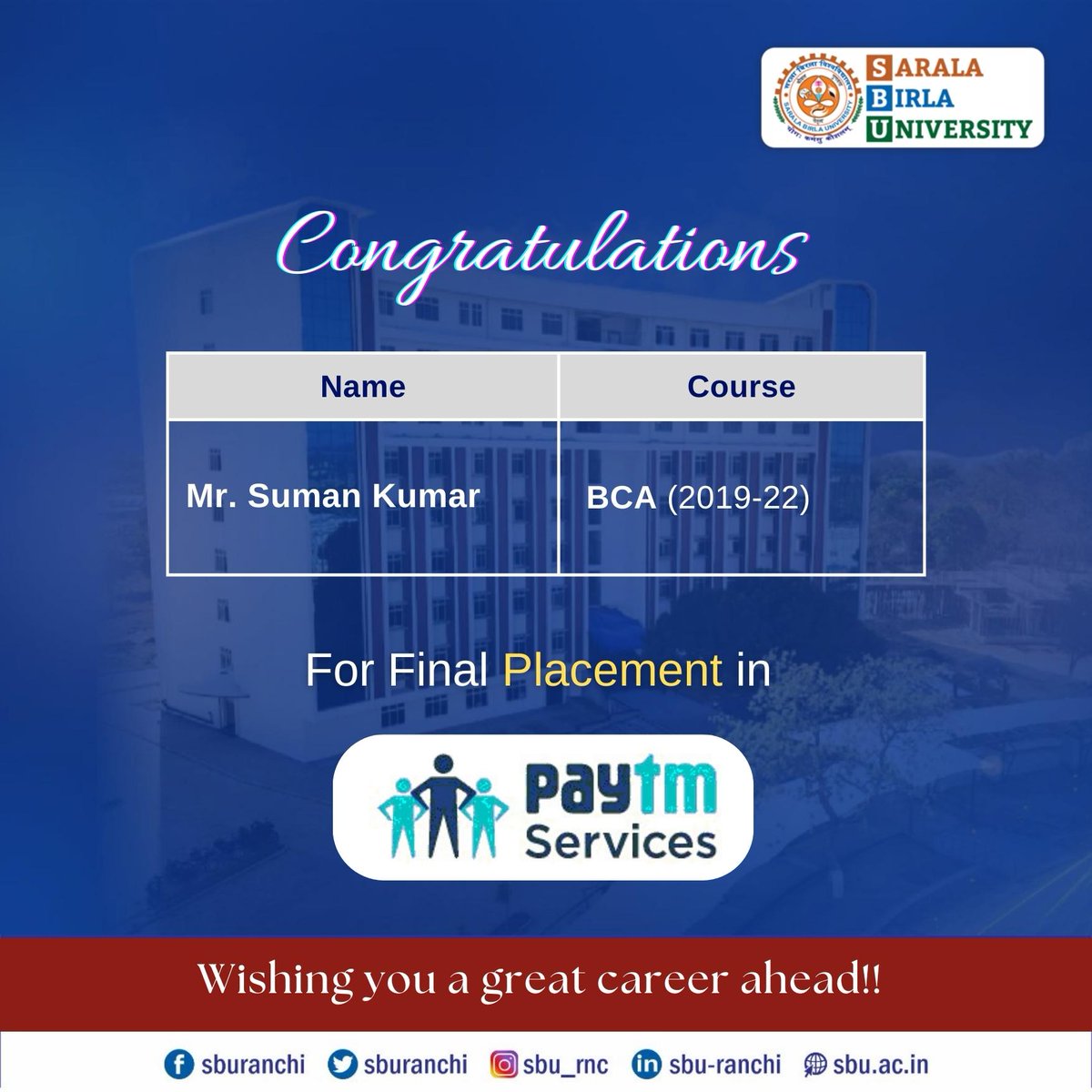 sburanchi's tweet photo. Congratulations to Mr. Suman Kumar of BCA 2019-22 batch for his Final Placement in Paytm Services Pvt. Ltd.
Wishing you a great career ahead!!
#SBU #SBURanchi #CampusPlacement #FinalPlacement #BCA #BCAPlacement #paytm #Paytmservices https://t.co/bFDQ71SDwS