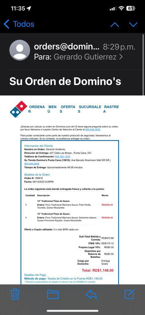 elgerard08's tweet photo. @DominosRD #puntacana tremendo irrespeto hoy, se ordenó a las 8:29, a las 12 de la noche después de 4 llamadas diciendo que ya nos iban a enviar la orden, nos dicen que no hay repartidor ni pizzas siquiera para recogerlas.  Nos dejaron sin cenar, incluyendo dos niños. #abuso. https://t.co/QIeXfx3GUJ