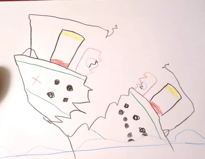 親戚の6歳児がタイタニックの動画にはまったらしく絵を描く描いたそうなんだが、  めちゃくちゃうめぇ。  6歳ってもうこんなに絵描けんの?