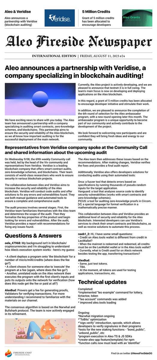 NewsFireSideGG's tweet photo. For a positive start to the new week, we offer you the 24th issue of @AleoHQ  FireSide Newspaper. Get the latest project updates and find answers to common questions.🗞️

https://t.co/zbdhuhkQfw🖊️
#AleoFireSideInternational💎
#Aleo💙 https://t.co/5XgD9iXCs0