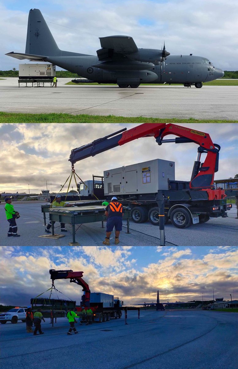 NEWS📢 No. 40 Squadron onboard a Hercules aircraft have delivered two power generators to Niue, after a breakdown of the island nation’s main power generator. ➡️nzdf.mil.nz/niue-generator… #NZAirForce #Force4NZ