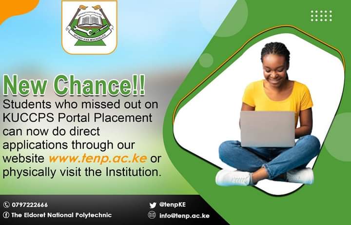 tenpKE's tweet photo. Did you miss out on  KUCCPS Placement? worry not you can now do direct applications through our website https://t.co/RRRu1Cud8e or visit the institution.
A few slots are up for grabs Don't miss out on this again.
#septemberintake2023
#EldoretPoly https://t.co/WRdn6bogWL