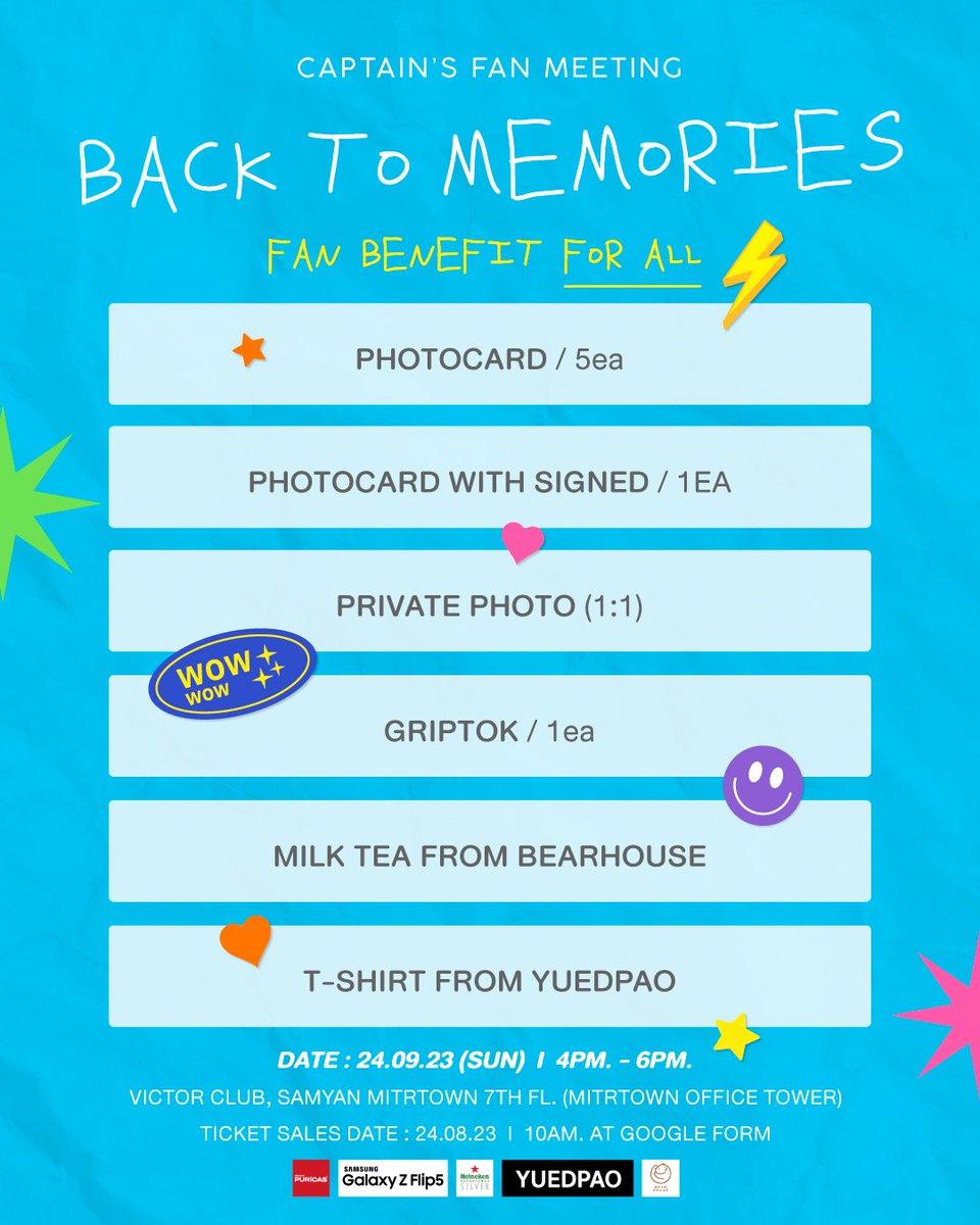 ไม่ได้จัดแฟนมีตมา 4ปี ถึงเวลาจัดแล้ว
'CAPTAIN'S FAN MEETING' Back To memmories

เปิดลงทะเบียน : 24 สิงหาคม 2566
เวลา 10.00 น. เป็นต้นไป
ทาง Google Form พร้อมแนบสลิปหลักฐานการชำระเงิน
(ใกล้วันลงทะเบียน จะลงลิ้งค์ Google Form)

#Captainfanmeetingbacktomemories 
#Captainchonlathorn