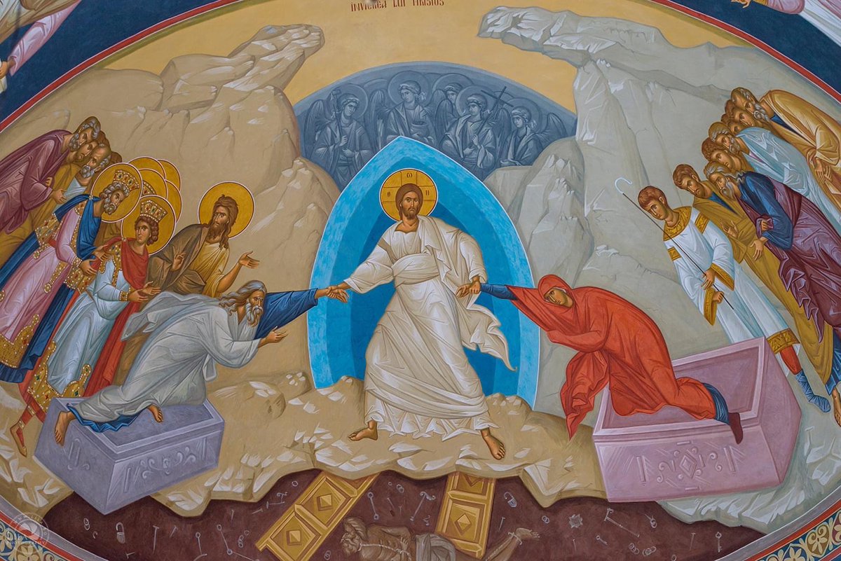 orthodoxholyart's tweet photo. (1/3) 既然有朋友问起这幅圣像，就来说说。
这幅圣像是基于东正教的一个经典圣像题材《地府的倾覆》(Harrowing of Hades)。
在两山之间，深渊之下的地府，基督出现在蓝色的光晕 (mandorla) 中。光晕在东正教圣像的语言里代表灵性的领域，任何出现在光晕中的都是只能用属灵的眼睛才能看见的。... https://t.co/aTUKXrxUiq