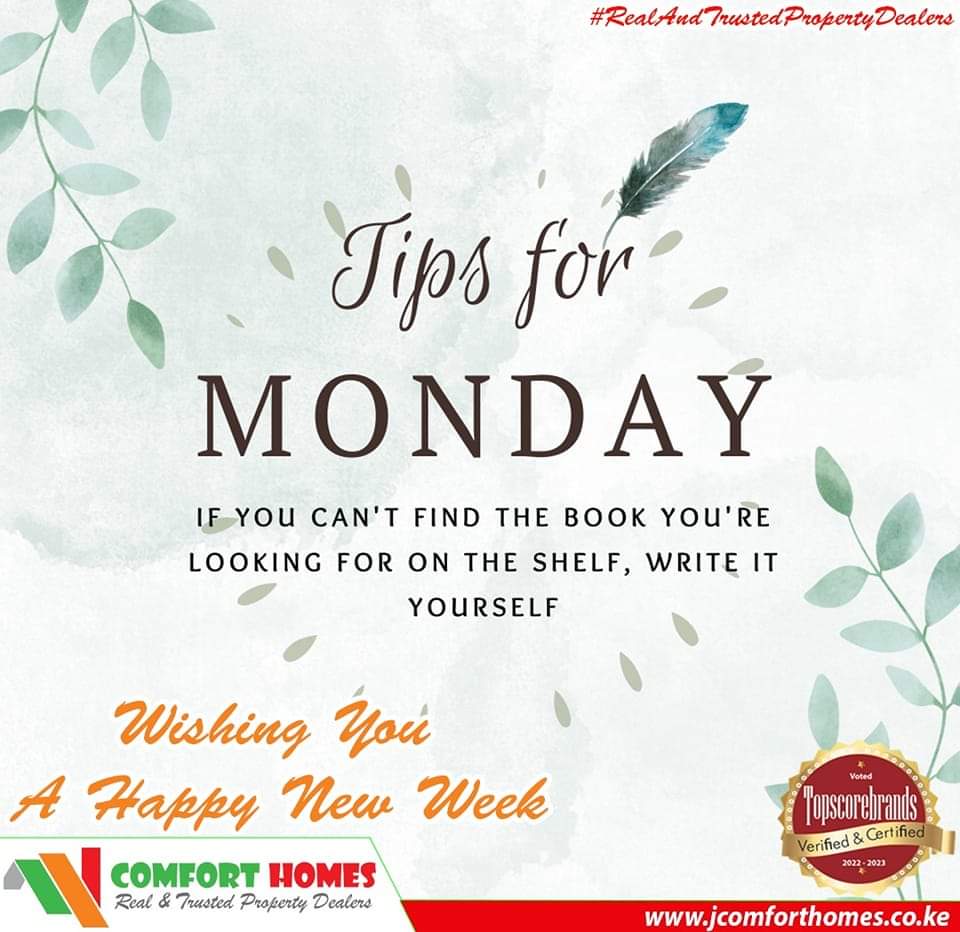 ComfortHomeske's tweet photo. “Nobody can go back and start a new beginning, but anyone can start today and make a new ending.” – Maria Robinson.
We wish you a happy new week ahead.
https://t.co/LDB3kjkgIf
#ComfortHomes
#MakutanoMweaPhase3Launch
#TitleNaComfortHomes https://t.co/FeTSSekhDp