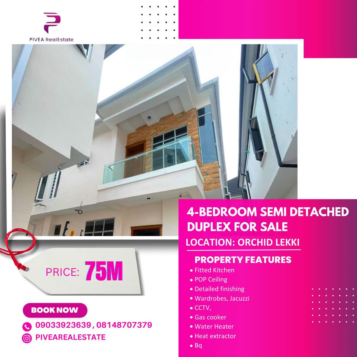 Pivearealestate's tweet photo. 4BEDROOM SEMI DETACHED DUPLEX FOR SALE

Amenities: 
- [ ] Fitted Kitchen 
- [ ] POP Ceiling 
- [ ] Detailed finishing 
- [ ] Wardrobes 
- [ ] Jacuzzi 
- [ ] CCTV 
- [ ] Gas cooker 
- [ ] Water Heater
- [ ] Heat extractor
- [ ] Bq 
 
📍Location: ORCHID LEKKI 🇳🇬 

Price: 75M https://t.co/hkMa6cSaGa