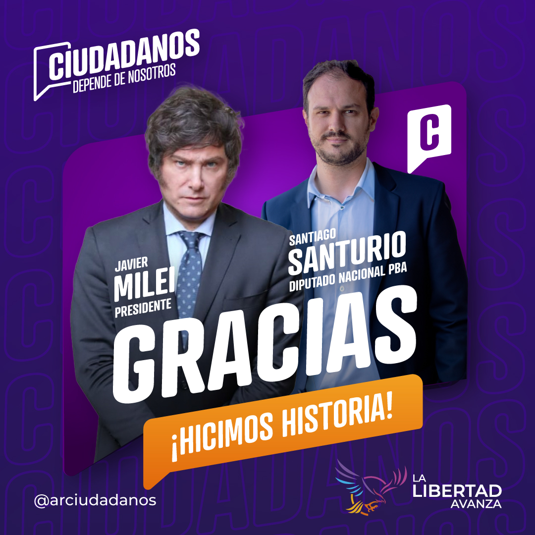 ArCiudadanos's tweet photo. JAVIER MILEI @jmilei PRESIDENTE!

¡Gracias PROVINCIA DE BUENOS AIRES!

¡Seguiremos trabajando para que tengamos a nuestro primer diputado nacional @santiagosanturio en el congreso!

¡UNA ARGENTINA DISTINTA HOY ES POSIBLE! https://t.co/VbnJ0575sa