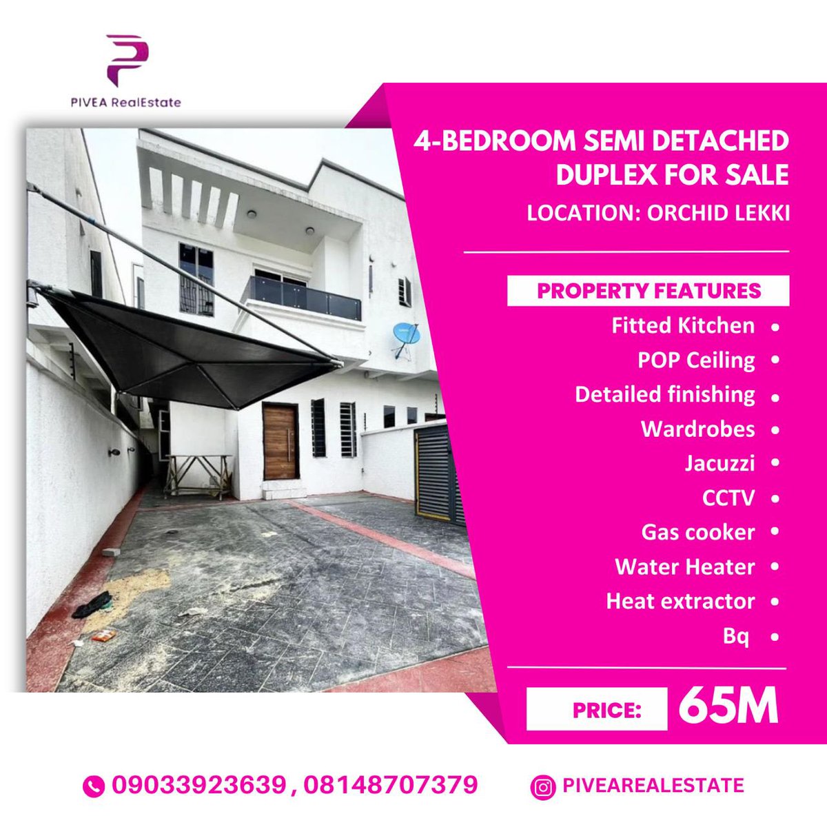Pivearealestate's tweet photo. 4BEDROOM SEMI DETACHED DUPLEX FOR SALE

Amenities: 
- [ ] Fitted Kitchen 
- [ ] POP Ceiling 
- [ ] Detailed finishing 
- [ ] Wardrobes 
- [ ] Jacuzzi 
- [ ] CCTV 
- [ ] Gas cooker 
- [ ] Water Heater
- [ ] Heat extractor
- [ ] Bq 
 
📍Location:IKOTA LEKKI 🇳🇬 

Price: 65M https://t.co/FIxCMkU0dM