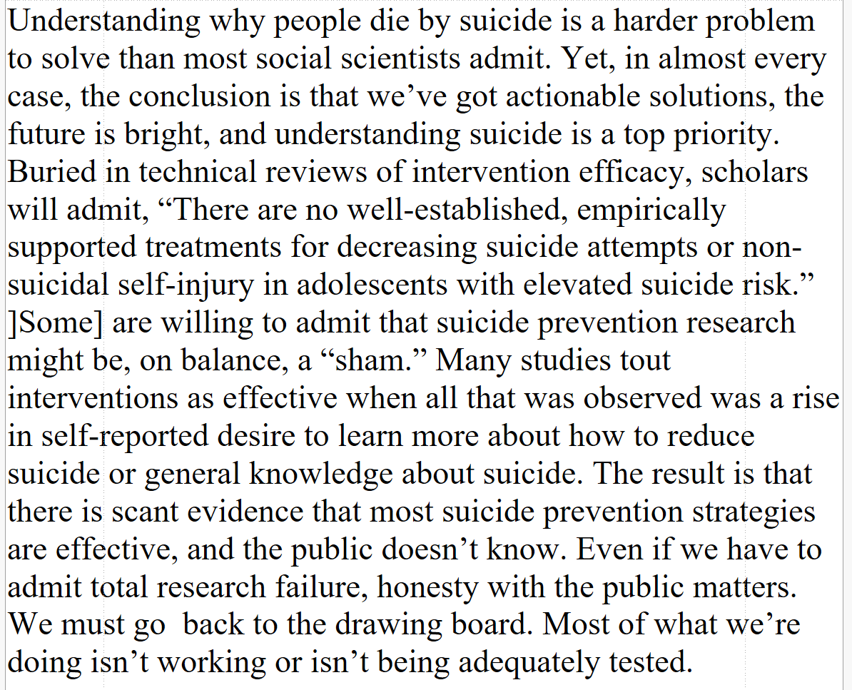DegenRolf's tweet photo. "There is scant evidence that most suicide prevention strategies are effective, and the public doesn’t know." https://t.co/SWwIWKao8D https://t.co/aCacpV5GTJ