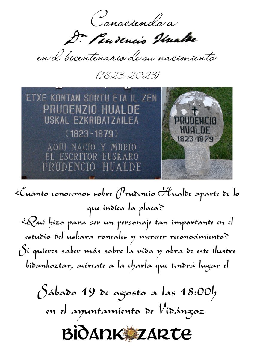 bidankozarte's tweet photo. Este sábado a las 18:00h en el ayuntamiento de Vidángoz,  charla sobre Prudencio Hualde en el bicentenario de su nacimiento. Pondremos un poco de luz sobre este bidankoztar conocido por su aportación al estudio del uskara roncalés, pero del que generalmente poco más se sabe. https://t.co/5sBYkaN0vb