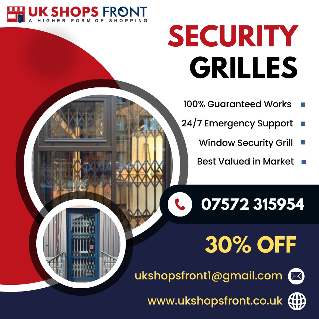 UkShopsfront's tweet photo. Enjoy 30% off on SECURITY GRILLES installation. Don't miss out on this fantastic deal. Call us today: +44 7572315954
Website: https://t.co/1fh3epvSMG
#ukshopsfront #securitygrilles #rollershutter #solidshutter #automaticdoors #toughenedglass #aluminiumshopfront #shopfrontdoor #uk https://t.co/hpLM0tBdvy