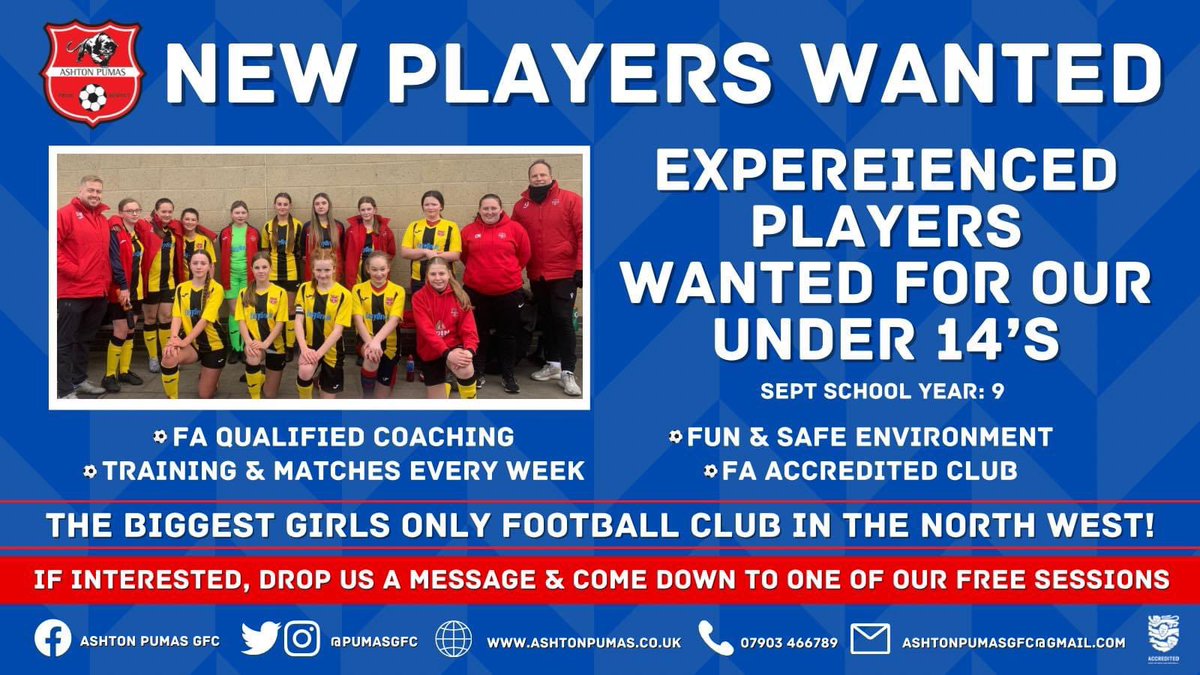 Experienced players needed for our Under 14’s team as we move up to 11-a-side in the new season September school year 9 FA Qualified Coaches & Weekly matches in the North Manchester Girls League! If you are interested drop us a message ⚽️⚽️ Shares appreciated