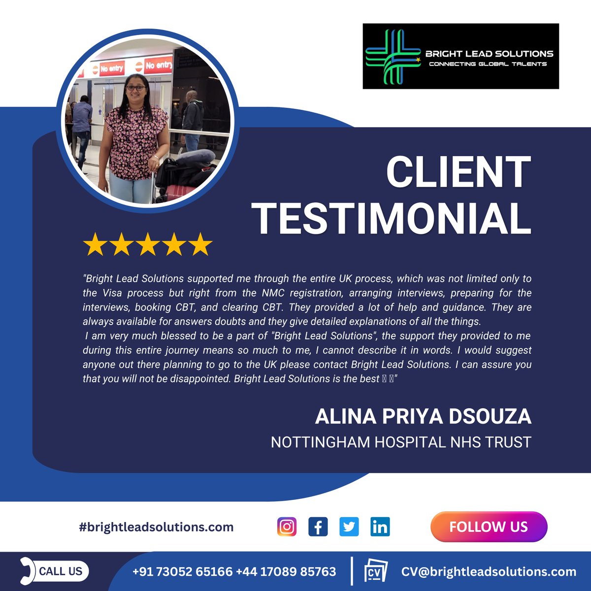 Brightleadsolut's tweet photo. Bright Lead Solutions are happy to help "Alina" to get a medical and surgical #nurse job in the #nhs UK

#Testimonial ➡️ https://t.co/60Ig1s330o

We provide below services,
✅Free #nurserecruitment service
✅ Visa and Travel Assistance
✅ #IELTS &amp; #OET training

#job #BLS https://t.co/QdOOOWRK6x