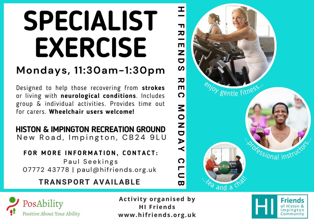 Our second session on Monday in Histon is for people living with stroke, Parkinson's, MS, arthritis and other long term health conditions