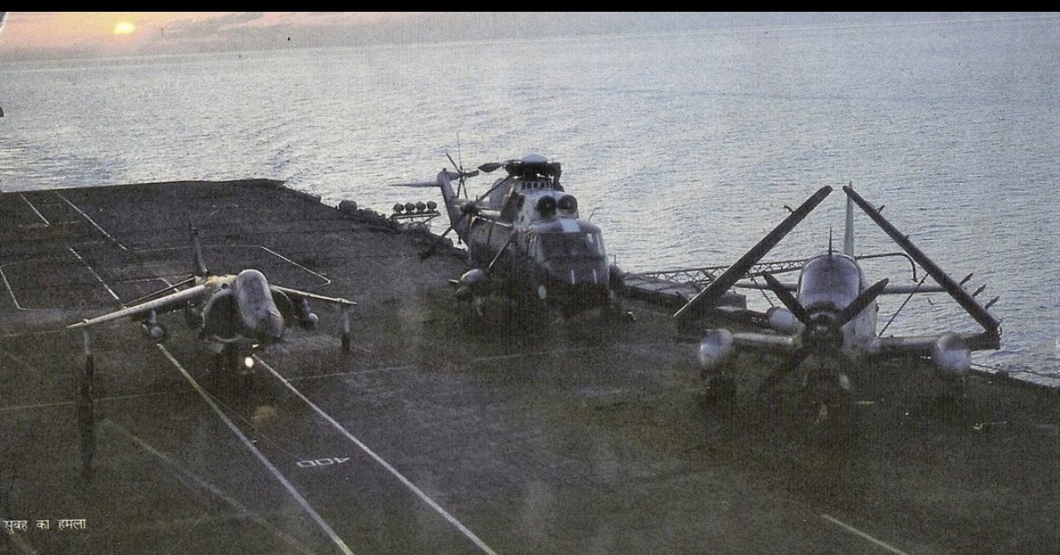 HarrierPres's tweet photo. Taken in the early 80s , for a while India flew its FRS.51s from a regular catapult equipped flat top, the INS Vikrant, the Seaharriers of INAS300 operated alongside INAS310s Alize ASW aircraft. #INAS300 #Seaharrier #Harrierpres https://t.co/s2CnmY8pFZ