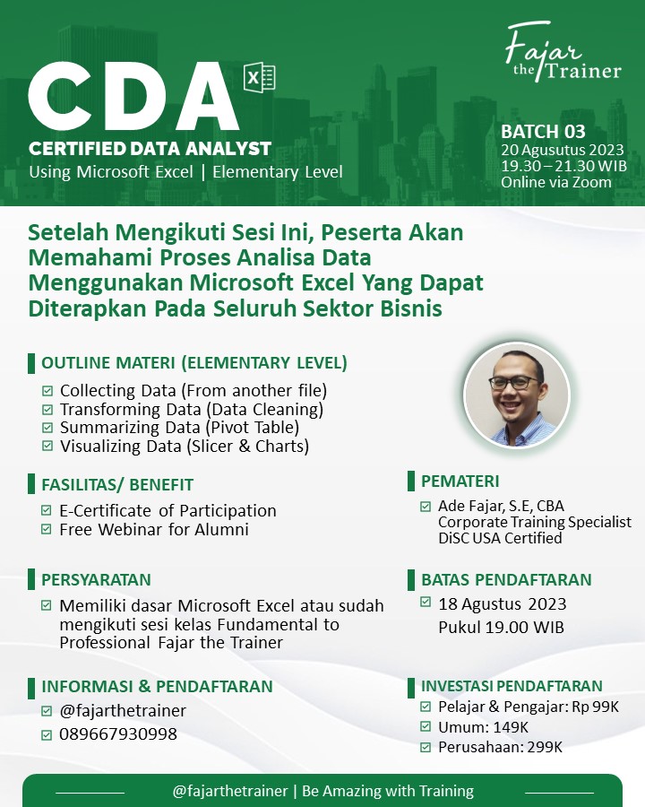 Di era ini, Data Analyst menjadi salah satu profesi yang dibutuhkan oleh banyak perusahaan. Banyak para karyawan dgn kemampuan data analisis mempunyai penghasilan sangat tinggi. 

Ingin seperti mereka? Ikuti pelatihan berikut ini

#dataanalysis #dataanalyst #excel #microsoftexcel