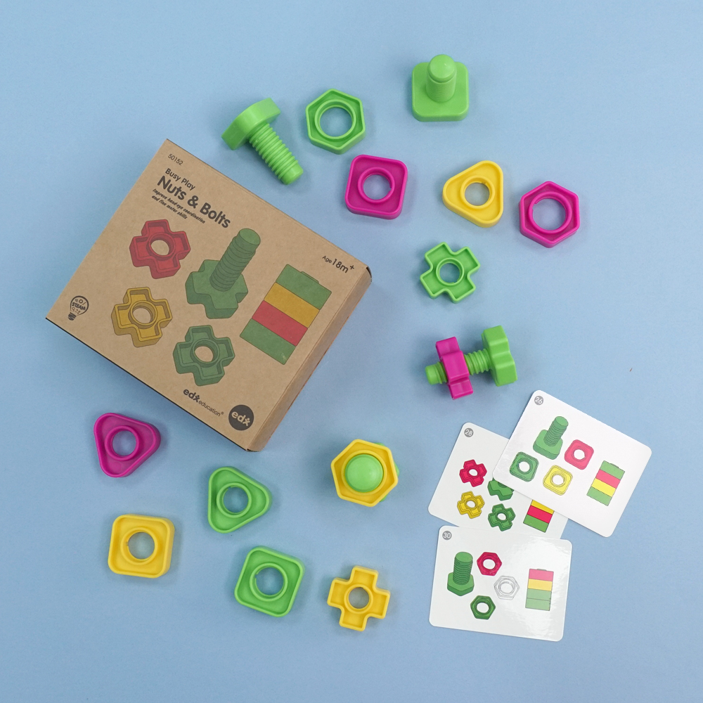 edxeducation's tweet image. New addition to the Busy Play range, Nuts &amp;amp; Bolts
Busy Play Nuts &amp;amp; Bolts improves hand-eye coordination and fine motor skills. These are excellent educational toys for toddler to explore colors and shapes recogniztion, matching, and sorting concepts. #STEAMtoys #PlayLearnCreate