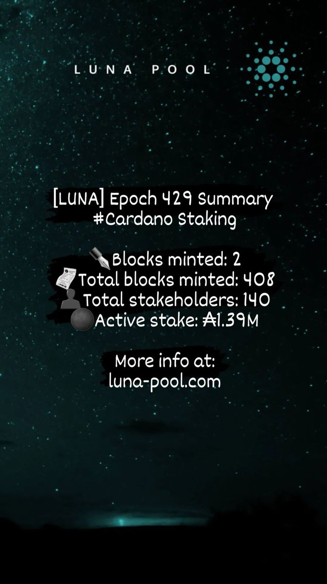 Epoch 429 summary 
#Cardano staking 

More info at:
luna-pool.com