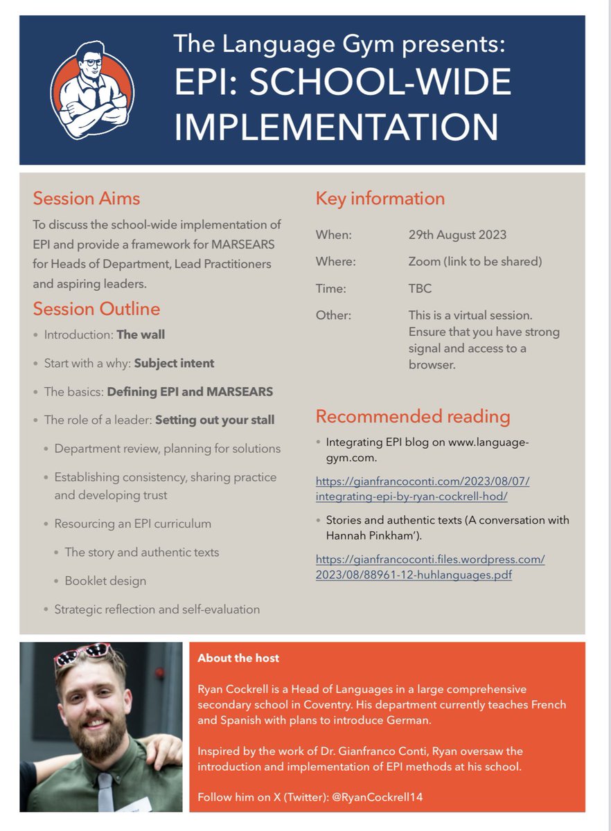Join <a href="/gianfrancocont9/">Dr Gianfranco Conti</a> and I for a FREE 1.5 hour webinar on the implementation of EPI. Other free webinars by other HoDs will follow. 
Zoom link to be shared closer to the date.

#mfltwitterati