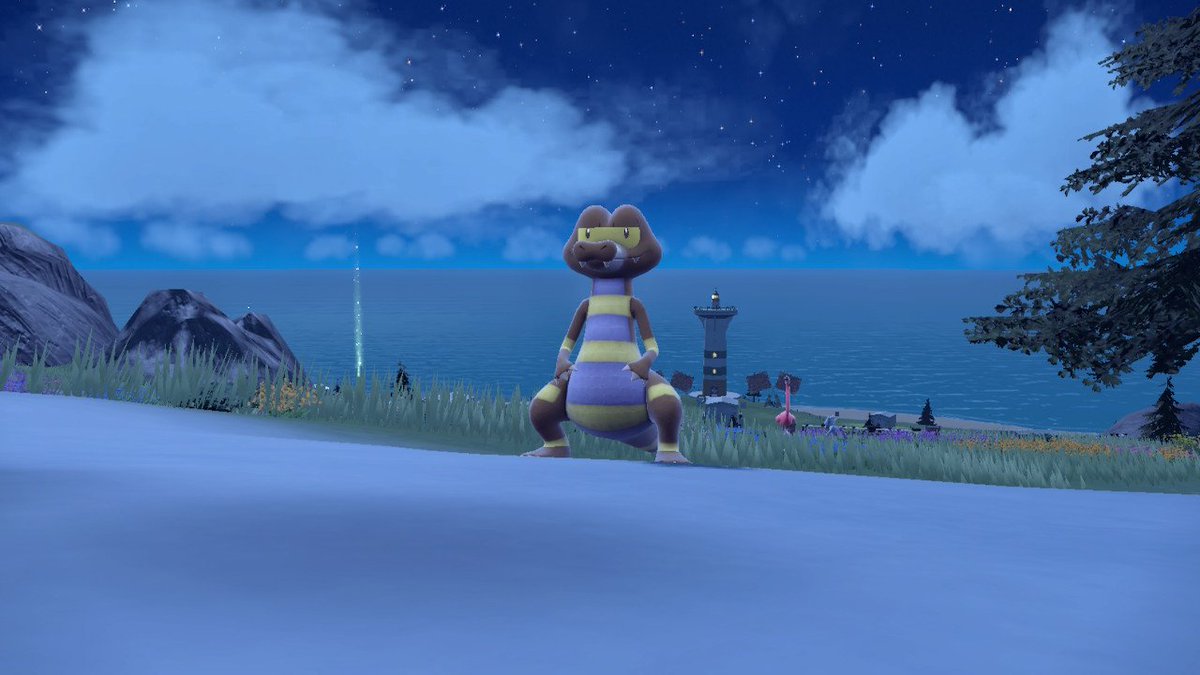 ShinyEvander's tweet photo. The penultimate find of my #shinybadgequest challenge. Ghost leader needed someone who could wouldn't back down, so I found the perfect one. Meet Duke, the shiny Krookodile. Even teamed up with The Bark Knight to slay Ryme's squad.  #ShinyPokemon #PokemonScarletViolet (17/18) https://t.co/Atbb51cdf1