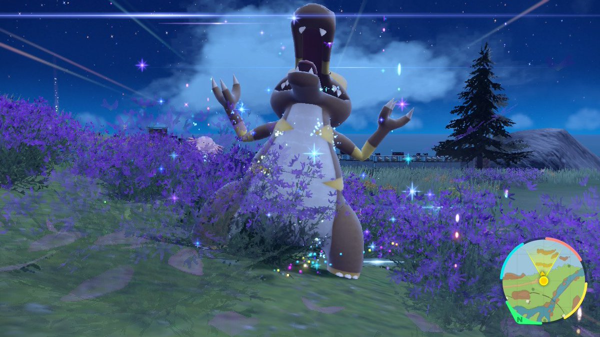 ShinyEvander's tweet photo. The penultimate find of my #shinybadgequest challenge. Ghost leader needed someone who could wouldn't back down, so I found the perfect one. Meet Duke, the shiny Krookodile. Even teamed up with The Bark Knight to slay Ryme's squad.  #ShinyPokemon #PokemonScarletViolet (17/18) https://t.co/Atbb51cdf1