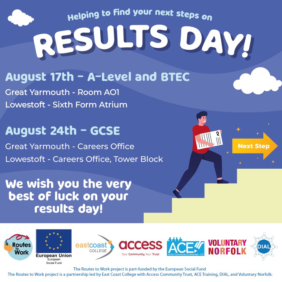 RoutesWork's tweet image. Are you a student at @EastCoast_Coll and feeling the pressure as results day approaches? Fear not, we&apos;ll be available throughout the day to guide you through the support available from our projects!

Regardless of your outcome, we&apos;re ready to help. We hope to see you there!