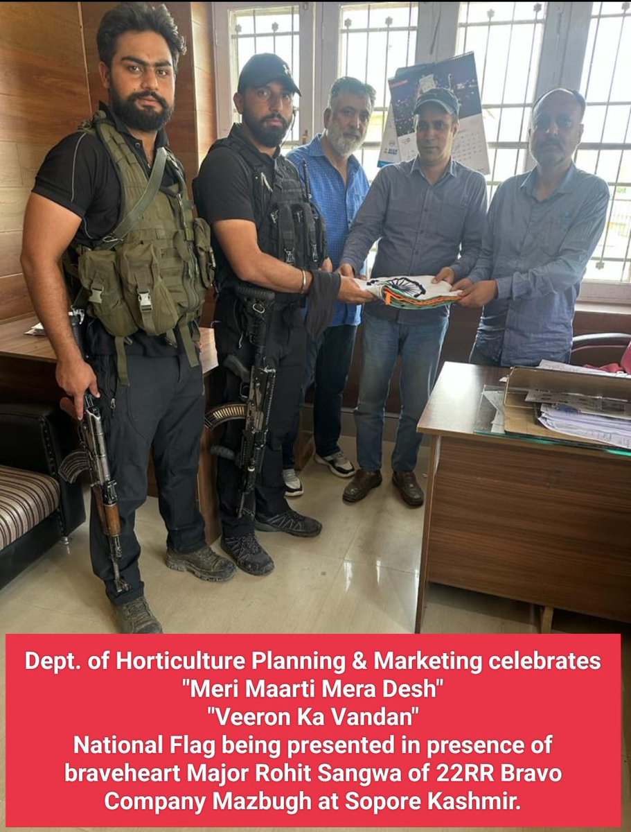 Horticulture Planning &amp; Marketing dept. J&amp;K celebrates #MeriMaatiMeraDesh #VeeronKaVandan - National flag being presented in presence of Major Rohit Sangwa 22RR Bravo Company Mazbugh at Sopore Kashmir.
<a href="/PMOIndia/">PMO India</a> 
<a href="/ddnews_jammu/">DD NEWS JAMMU | डीडी न्यूज़ जम्मू</a> 
<a href="/PIB_India/">PIB India</a> 
<a href="/PIBSrinagar/">PIB in Jammu Kashmir & Ladakh</a> 
<a href="/diprjk/">Information & PR, J&K</a> 
<a href="/HorticultureJk/">JK Horticulture</a>