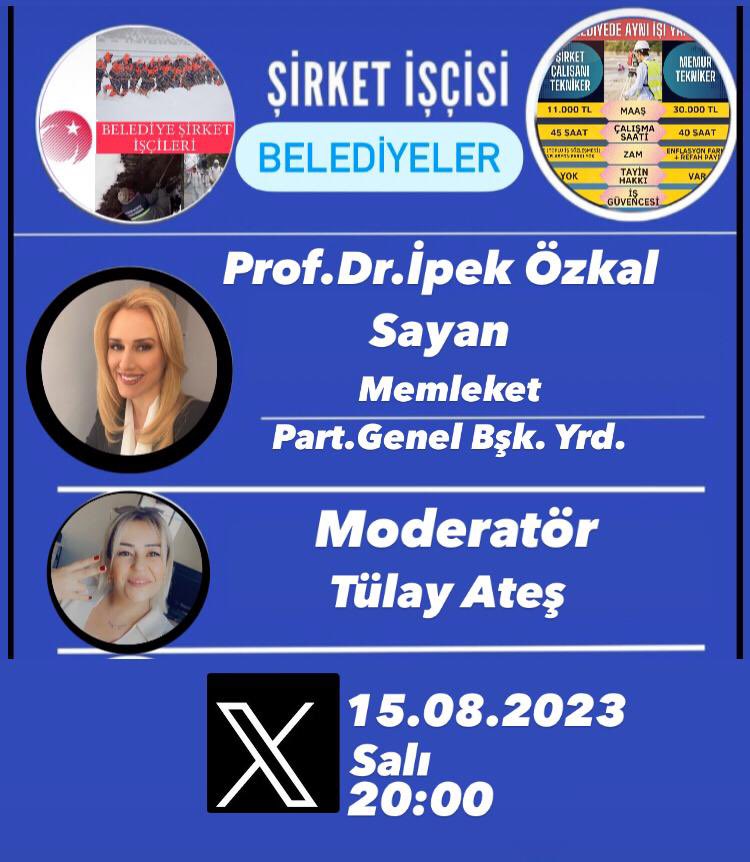 Değerli Dostlar

 Memleket Partisi Genel Başkan Yardımcısı, Prof.Dr. <a href="/ipekozkal/">Prof.Dr. İpek Özkal</a>
hanımefendi  ile  Belediye Şirket İşçileri yarın saat 20:00 de Twitter space odasında canlı yayında, Belediye Şirket İşçileri ve tüm mağdur kesimler  üzerine konuşacak. 

<a href="/ates_tlay/">tlay ateş</a> @special3425