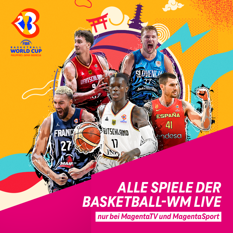 telekomshop's tweet photo. Erlebe NBA-Stars wie Luka Doncic, Rudy Gobert oder Dennis Schröder live in Action! 🏀 Ab dem 25.08. alle 92 Spiele der Basketball-WM 23 nur bei MAGENTA SPORT 🏆 Die deutschen Partien sogar kostenlos für alle 🇩🇪