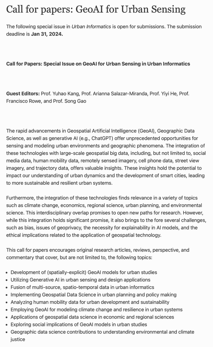 Fcorowe's tweet photo. 📣ANNOUCEMENT📣
W/ @YuhaoKang, @_arianna_sm, @YiyiHe_0604 &amp; @gissong, we have a special issue on GeoAi for urban sensing 🌇🖥️ and are looking for submissions. 

Abstract deadline: Oc 31, 2023

More details: https://t.co/aOnw1ZYWCJ

Any questions, please reach out! https://t.co/n9FpKrsbfh