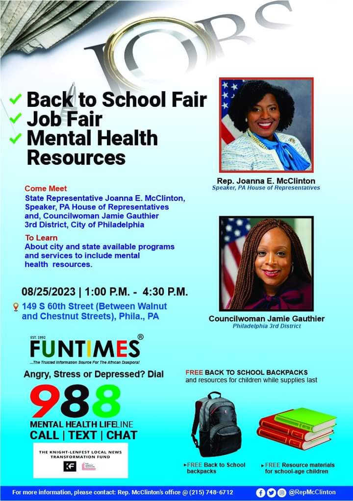 FunTimesMag's tweet photo. Come meet with @RepMcClinton, Speaker, PA House of Reps, and Councilwoman Jamie Gauthier @CouncilmemberJG on Friday, August 25th, from 1:00 PM ET at 149 S 60th Street, Phila., PA.
RSVP, and feel free to spread the word!
#joannamcclinton #jamiegauthier #mentalhealthlifeline https://t.co/8SLvvSrBzf