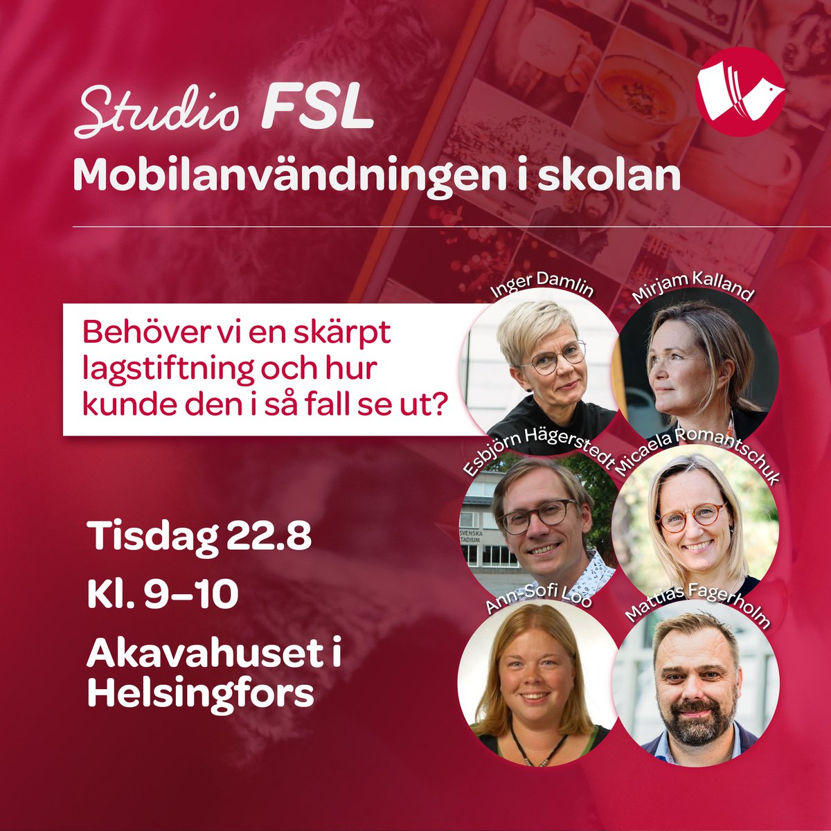 FSLararforbund's tweet photo. Regeringen vill genom lagstiftning effektivare kunna begränsa mobilanvändningen i skolorna – vad tycker de finlandssvenska lärarna? Studio FSL sänder en livediskussion från Akavahuset tisdagen den 22 augusti med start klockan 9. 

 #fsl #mobiler #skola

📽️https://t.co/qGOguFgMk5 https://t.co/YpwTR0HK55