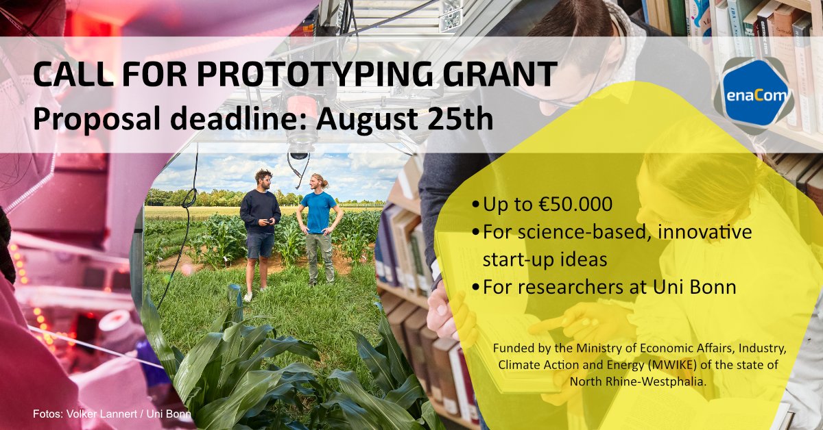 CfP: Apply now to receive funding for your science-based, innovative start-up idea! The prototyping grants of @UniBonn support your start-up project on its way from research to commercialization. Proposal deadline: August 25th uni-bonn.de/en/research-an… #innovation #startups