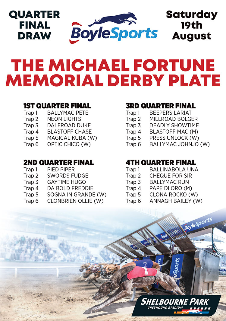 Shelbourne Park Greyhound Stadium (@shelbournepark) on Twitter photo π€© Michael Fortune Memorial Derby Plate QF's π€©
A sure sign of the quality that we've had in <a href="/Boylesports/">BOYLE Sports</a> Irish Greyhound Derby is the star packed Plate line-up.
We get to enjoy the Plate alongside the Derby this Saturday π₯³
#BoyleSportsIGD #GoGreyhoundRacing #ThisRunsDeep π€© Michael Fortune Memorial Derby Plate QF's π€©
A sure sign of the quality that we've had in <a href="/Boylesports/">BOYLE Sports</a> Irish Greyhound Derby is the star packed Plate line-up.
We get to enjoy the Plate alongside the Derby this Saturday π₯³
#BoyleSportsIGD #GoGreyhoundRacing #ThisRunsDeep
