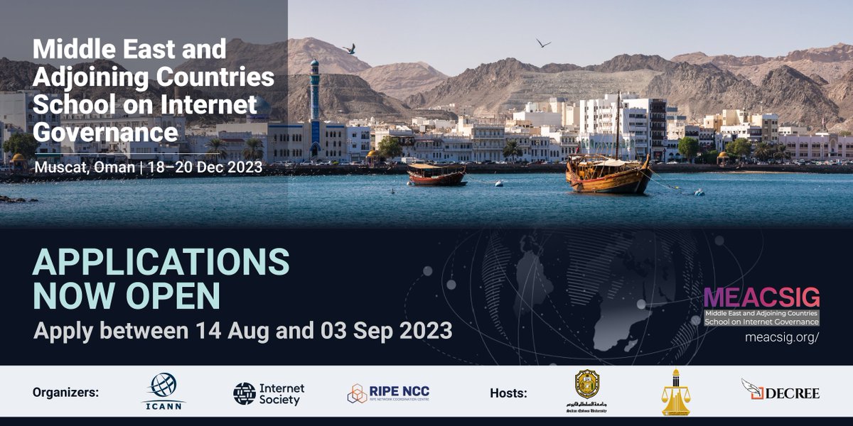 Attention! The applications for the Middle East and Adjoining Countries School on Internet Governance 2023 is now open!

The School will be held in Muscat, Oman, on 18–20 Dec, and will be co-hosted by <a href="/sultanqaboosuni/">جامعة السلطان قابوس</a> and <a href="/decreeom/">Decree</a>.
To learn more >> bit.ly/3BCKS4H