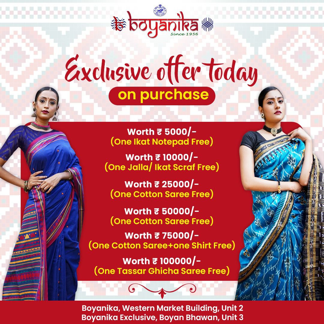 HTH_Odisha's tweet photo. Upgrade your wardrobe with the latest range of handwoven products available along with exclusive offers only for today!
Visit the @Boyanikaonline outlets in #Bhubaneswar to avail the offers.
#NationalHandloomWeek #OdishaHandloomMagic #OdishaHandloom #Boyanika https://t.co/3QtfAdjuE4