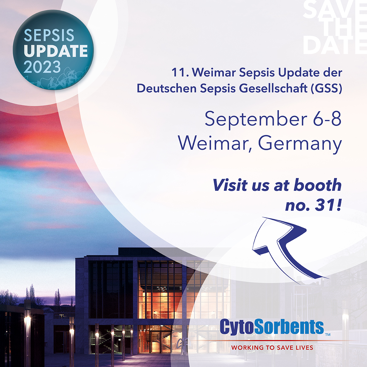 CytoSorbents's tweet photo. Be there when the Weimar Sepsis Update 2023 takes place from 6 to 8 September!
For more information and updates on our participation in the Weimar #Sepsis Update 2023,follow us on social media and visit our website 👉 https://t.co/xgRoxHWEOw
#SepsisUpdate #CytoSorbents #CytoSorb https://t.co/gLh5iQ117h