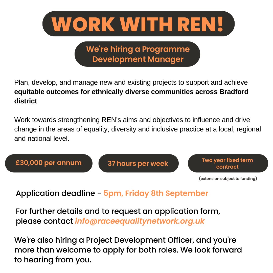 network_race's tweet photo. We're excited to announce that we're looking for new members to join our team.
#jobs #bradford #jobsbradford #vcs #hiring #raceequality #programmedevelopment #projectdevelopment #BradfordJobs https://t.co/aFnqavalSG