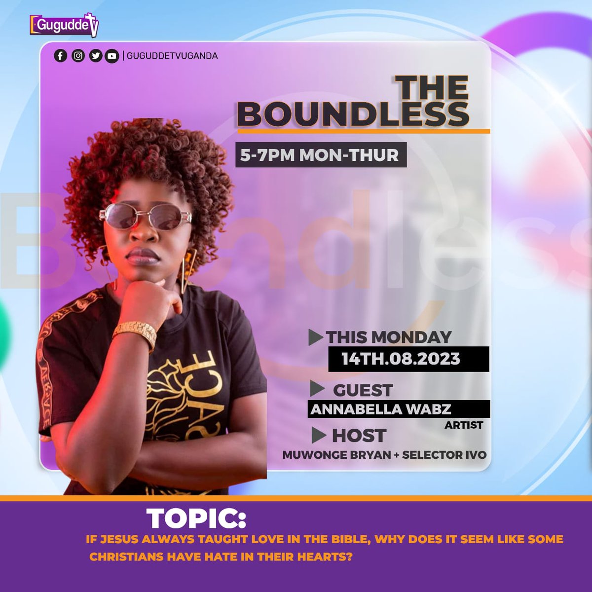 guguddetvuganda's tweet photo. If Jesus always taught love in the Bible, why does it seem like some Christians have hate in their hearts?
Catch Annabella Wabz on #TheBoundless as we dig deeper at 5pm
#GuguddeTvUganda https://t.co/yupvP3GZ1g