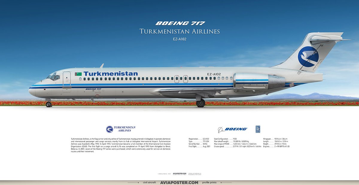Rulexy2's tweet photo. Boeing 717 Turkmenistan Airlines
Registration: EZ-A102
Type: 717-22K
Engines: 2 × RR BR715-A1-30
Serial Number: 55154
First flight: Aug, 2001
Poster for Aviators.
https://t.co/pnIiTmFJwU
#aviation #aviationfans #iloveplanes #boeingpilot #maddogseries #TTail #md95 https://t.co/Tmb5XVKtOp