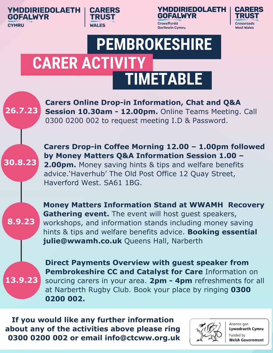 Money matters to us all. Please see the list below of information and support available from Carers Trust Wales. #dementia #pembrokeshire