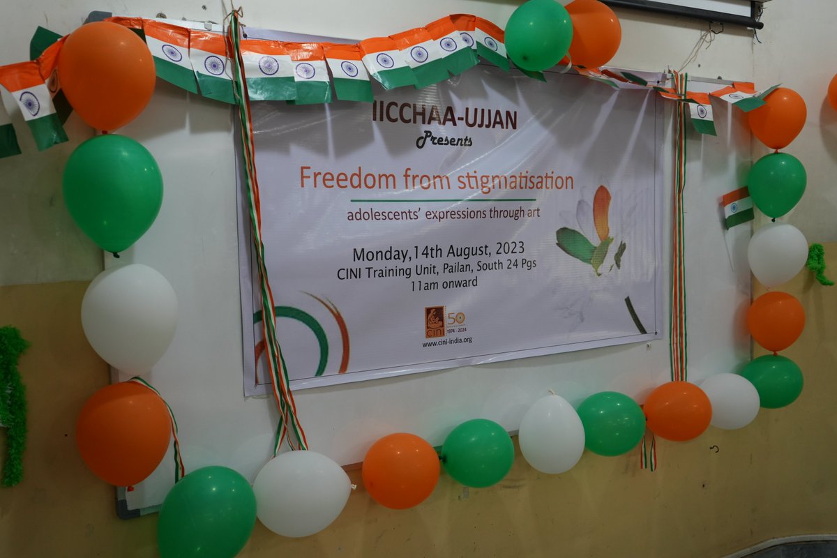cini_india's tweet image. #Freedom  from #stigmatisation" Pre-#IndependenceDay  celebration by the children of Ujjan and IICCHAA with Dr Eliana Riggio, Advisor-CINI Governing Body &amp;amp; CRC, Mr Meghendra Banerjee, COP-CINI and eminent painters at CINI Training Unit (CCRC) today.