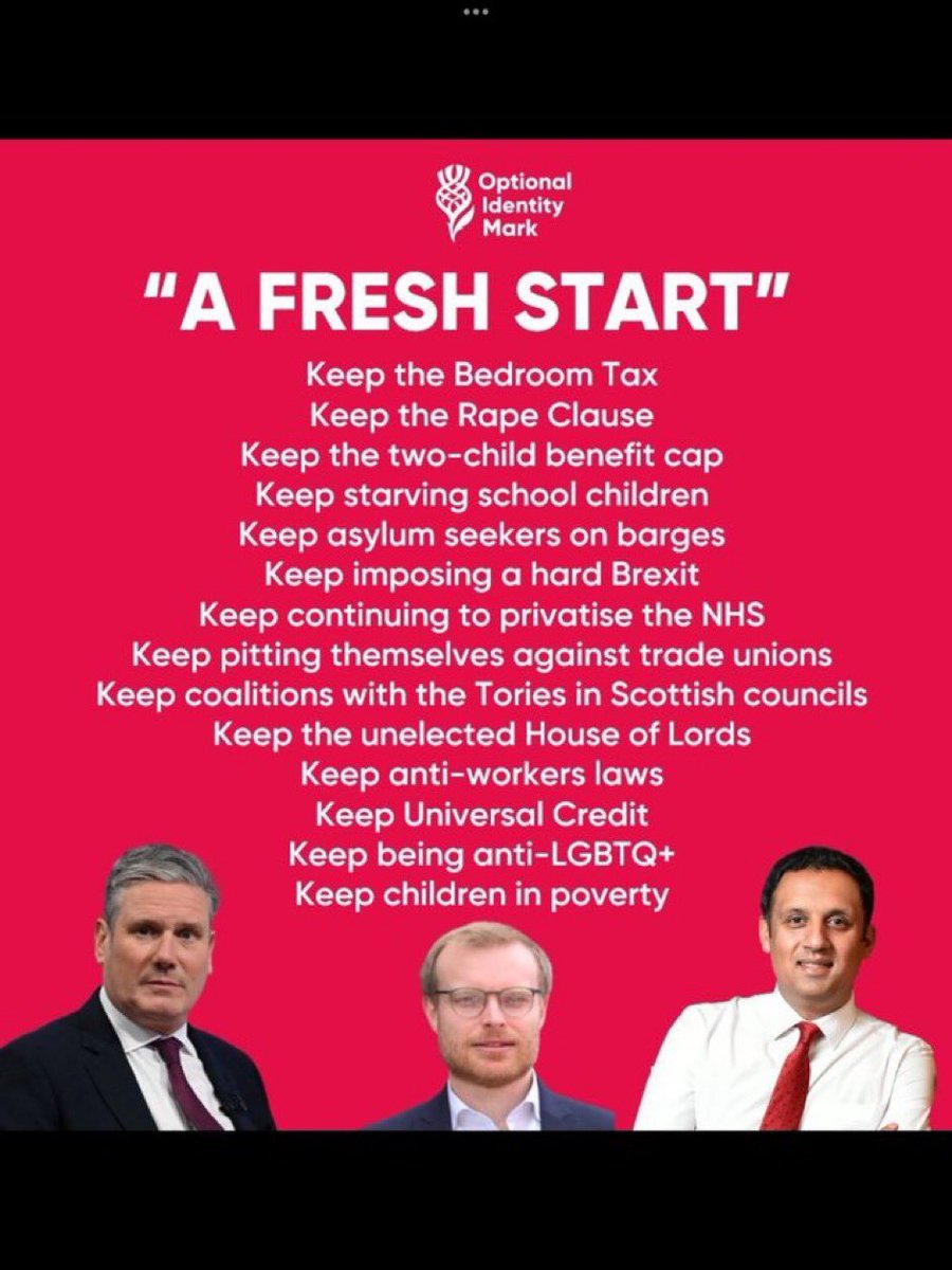 ricmontg's tweet photo. A fresh start for Labour in Scotland must be the biggest lie they have told the Scottish people since the Vow in 2014.
Maybe ‘Vote for everything to remain the same as the Tories’ doesn’t have the same ring to it.
#ScottishIndependenceNow https://t.co/DhSwa8Y1XB