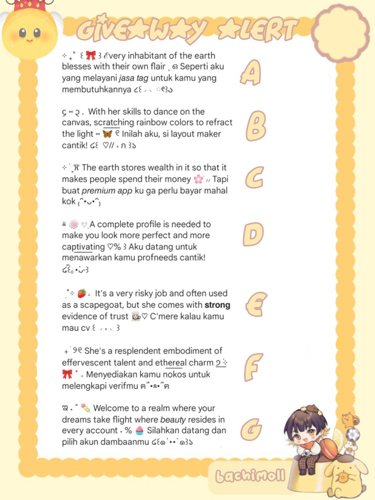 GIVEAWAY ALERT!! 

hai all! kali ini bachi bawa 7 bio FREE karna uda dijajanin kak @vllog 💝 yang bisa kalian claim HARI INI, 14 AUGUST 2023 JAM 20.00 WIB di DM. more information please check next tweet 

#zonauang #zonajajan #zonaba